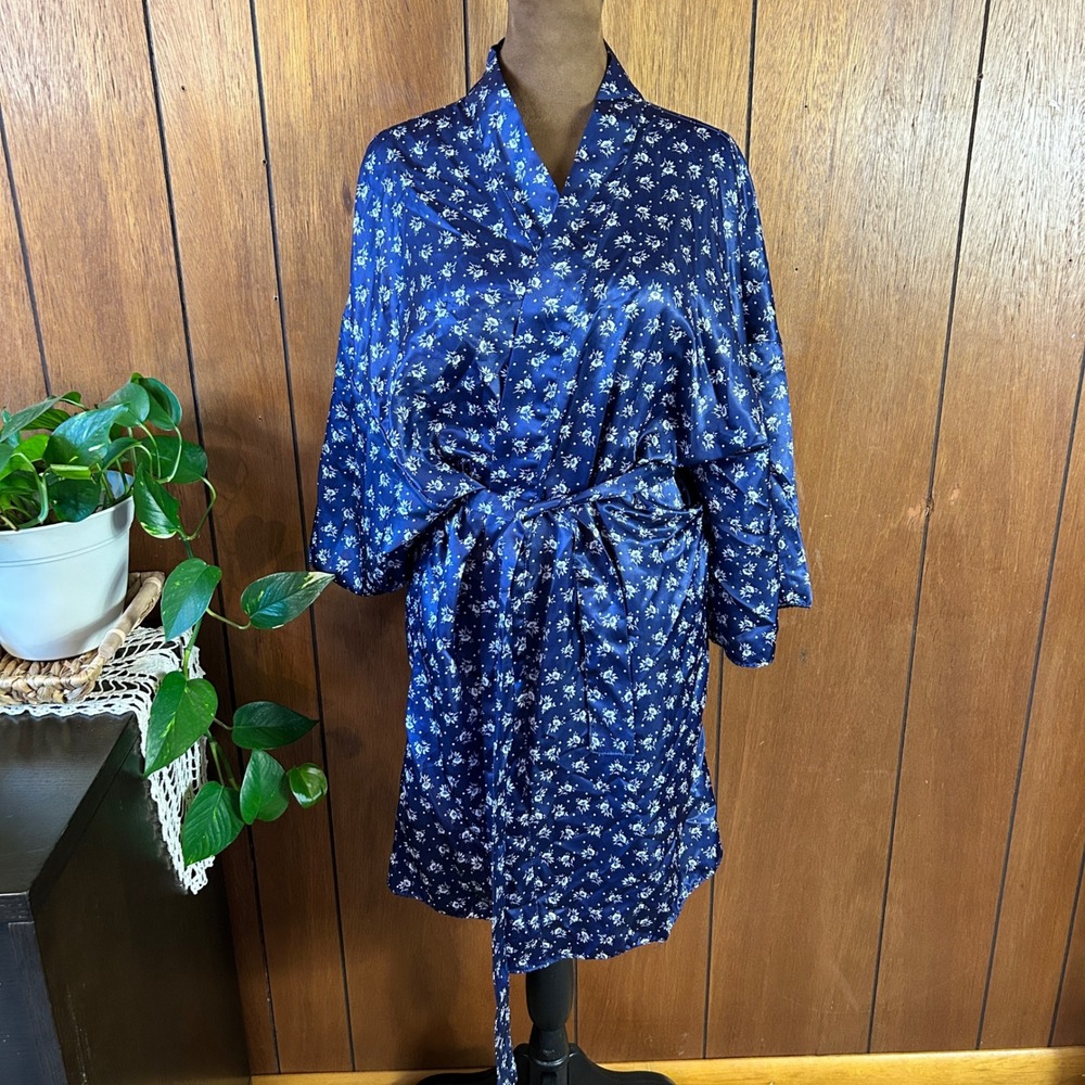 Vintage Val Mode Navy‎ Blue Floral Polka Dot Satin Kimono Robe Large Made in USA